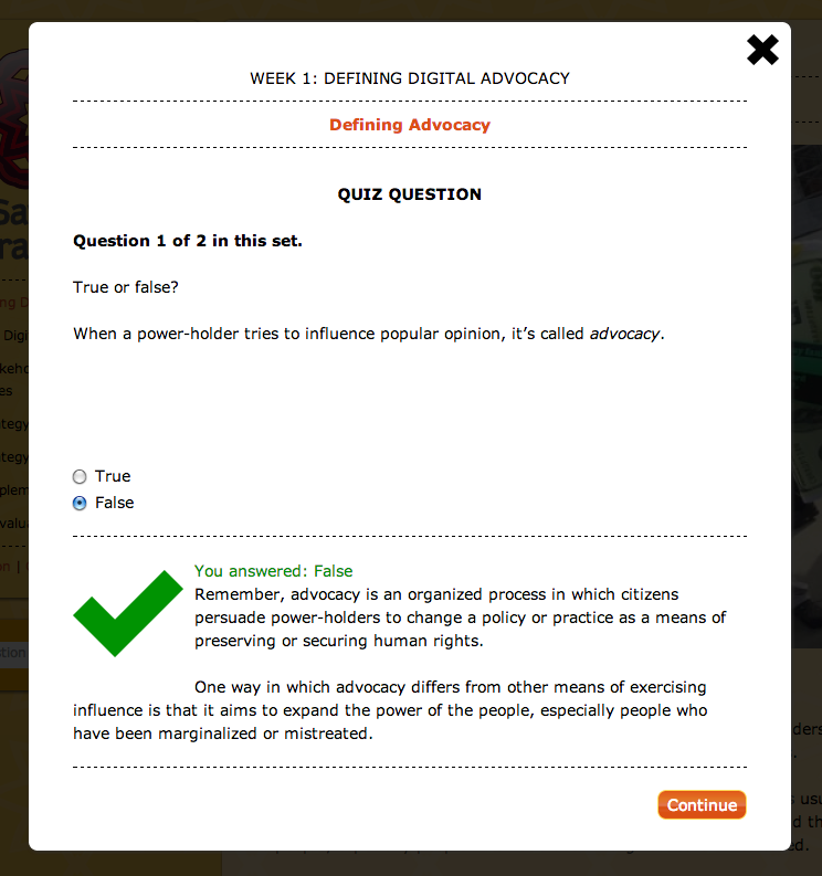 Pop-up Quiz A pop-up quiz page with a correctly answered true-false question.